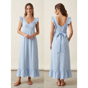 ​Vtg 70s Joy Stevens Blue Gingham Ruffle Maxi Dress Cottagecore Prairie Small